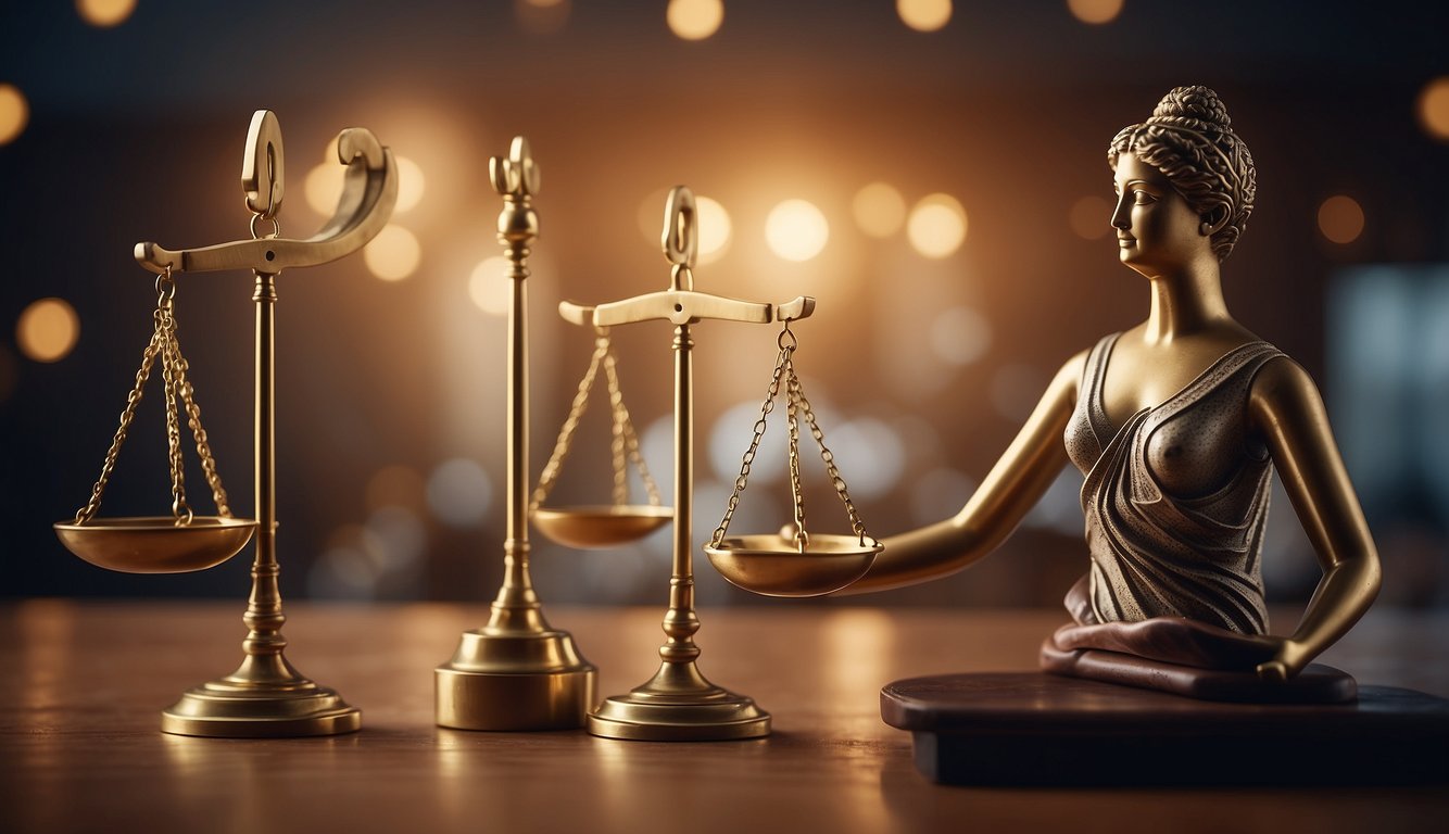 A scale with unequal pay on one side, and a gavel symbolizing legal action on the other. The background shows women's and men's sports symbols