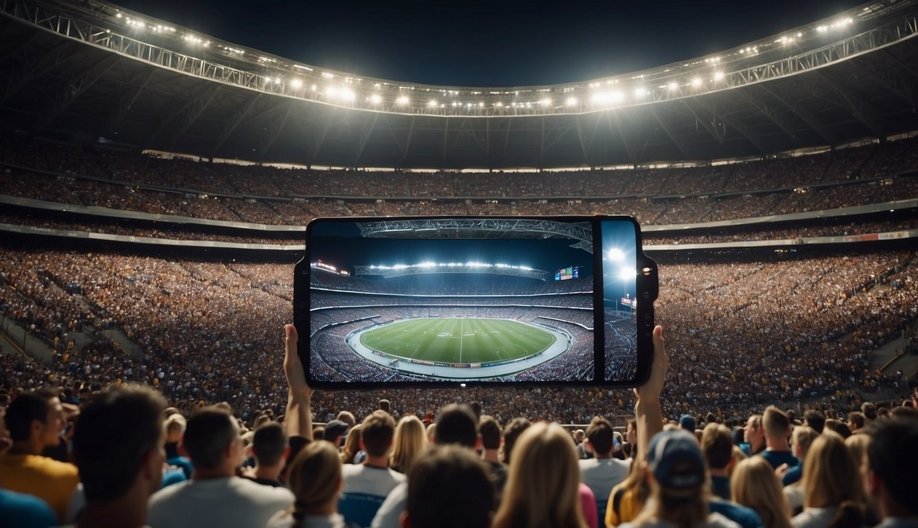 A stadium split in half, one side filled with cheering fans for men's sports, the other side with significantly fewer fans for women's sports. The men's side is adorned with flashy advertisements while the women's side is lacking in sponsorship