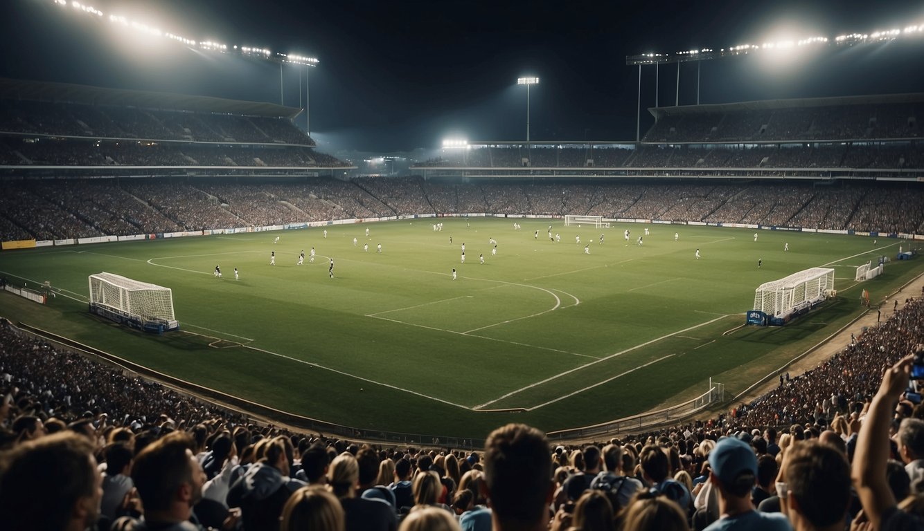 View of a stadium with spectators cheering and players in action on the field