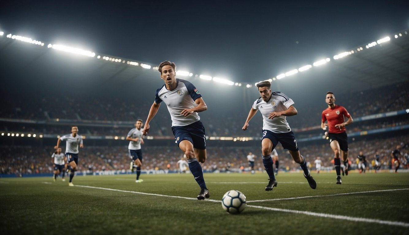 A crowded stadium with cheering fans, a soccer ball flying through the air, and players sprinting across the field