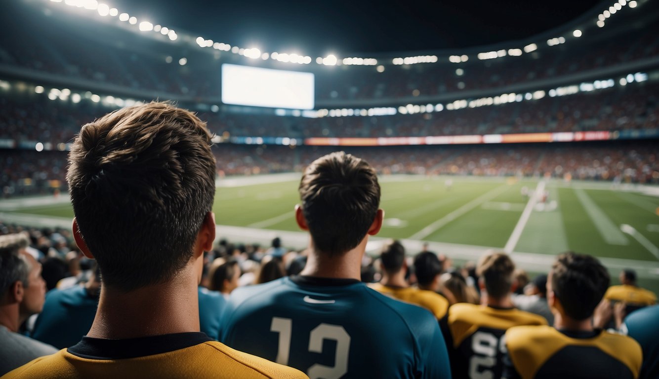 Fans cheering in a stadium, watching sports on a big screen. Players sweating, competing on a field. Two contrasting scenes depicting health benefits and challenges of watching vs playing sports