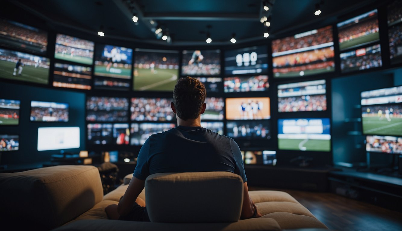 View of a person sitting on a couch, surrounded by screens showing various sports events. A separate scene shows a person playing sports outside, with technology integrated into the equipment