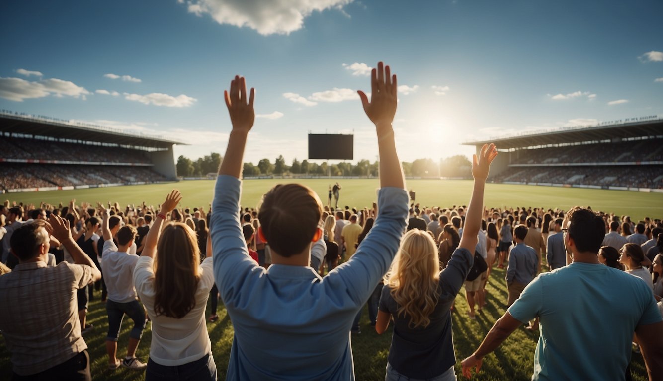 Crowds gather around a TV, cheering and clapping. Meanwhile, a group of people play soccer in a field, laughing and shouting