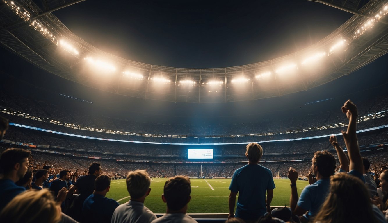 Fans cheering, stadium lights shining, players in action, and a scoreboard displaying the game's progress