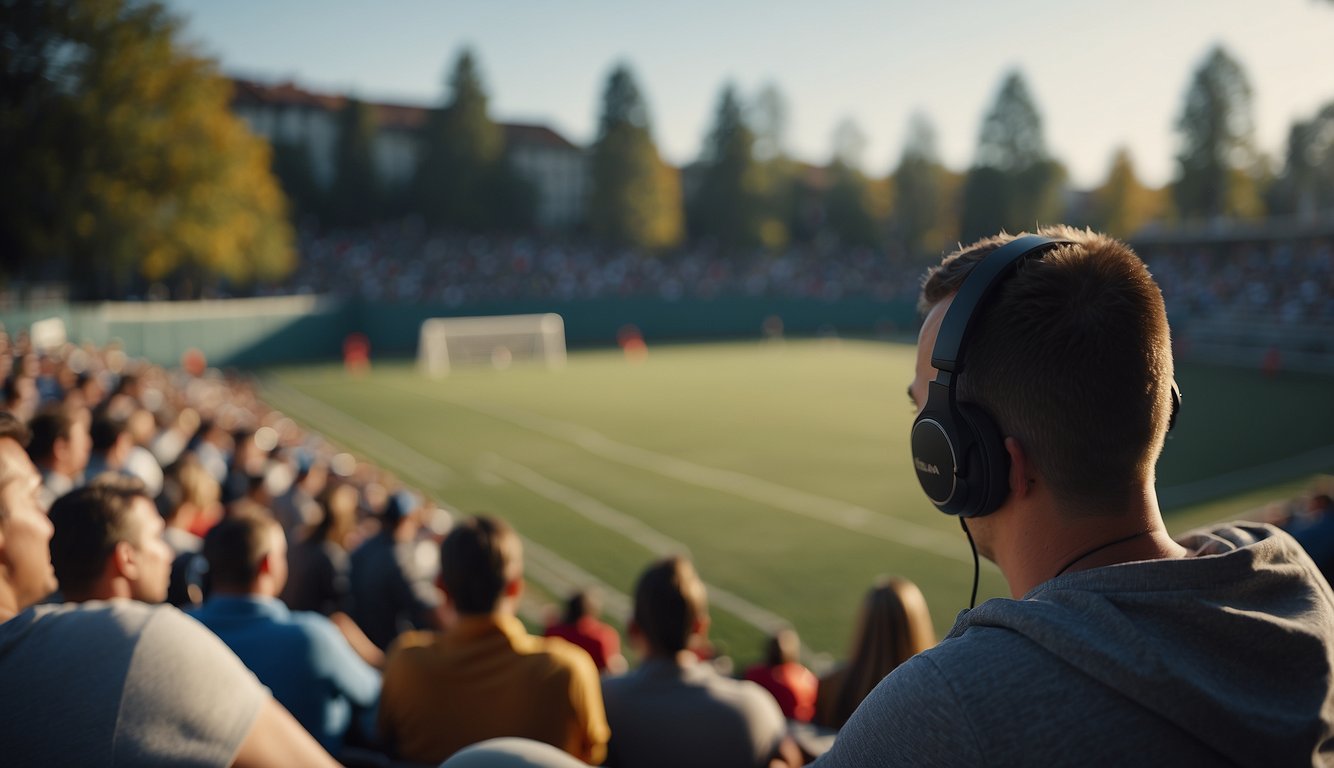 People watching sports on TV, while others play sports outside