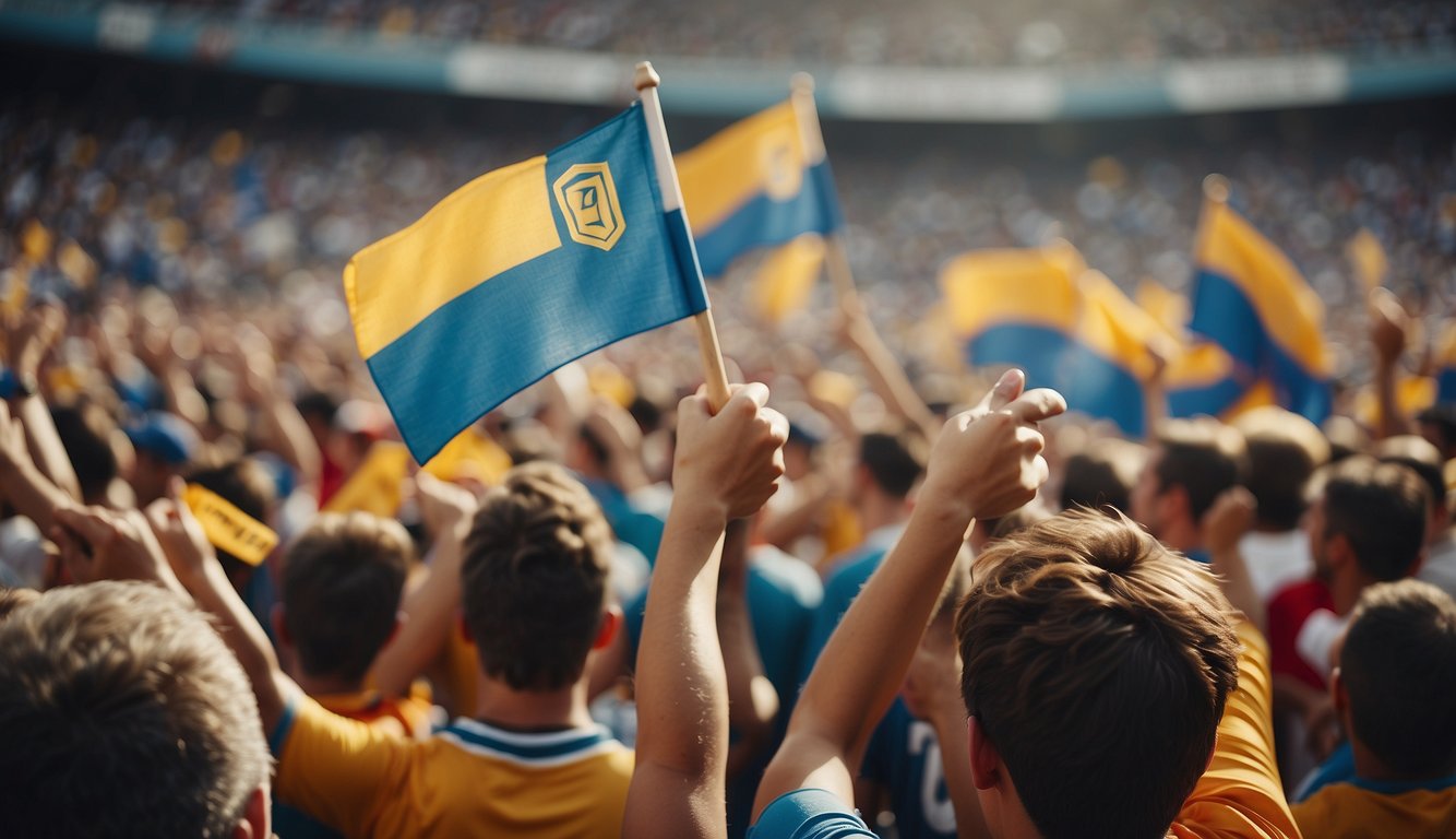 Fans cheer in a packed stadium, waving flags and wearing team colors. On the field, players compete fiercely, displaying skill and determination