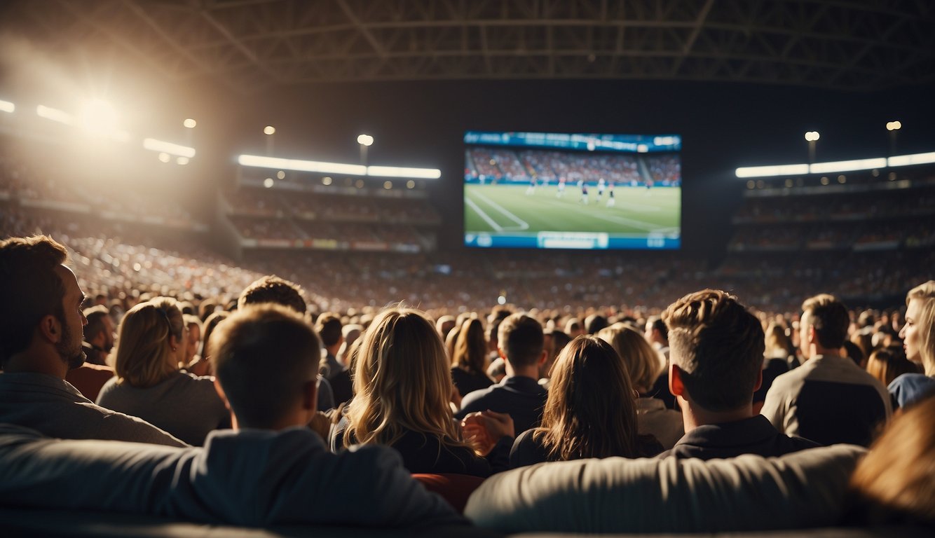 A group of people watching a sports game on a big screen, while another group is engaged in playing sports on a nearby field