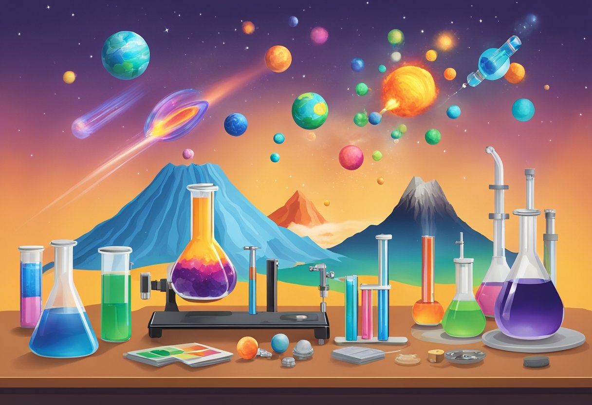 A table displays colorful science kits with test tubes, beakers, and microscopes. A volcano model erupts while a solar system mobile spins above