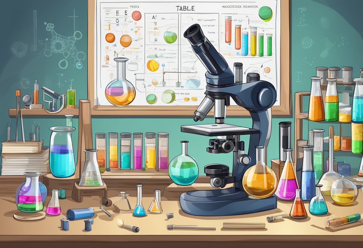 A table with labeled test tubes, beakers, and a microscope. A box of various scientific tools and equipment. A colorful poster with scientific formulas and diagrams