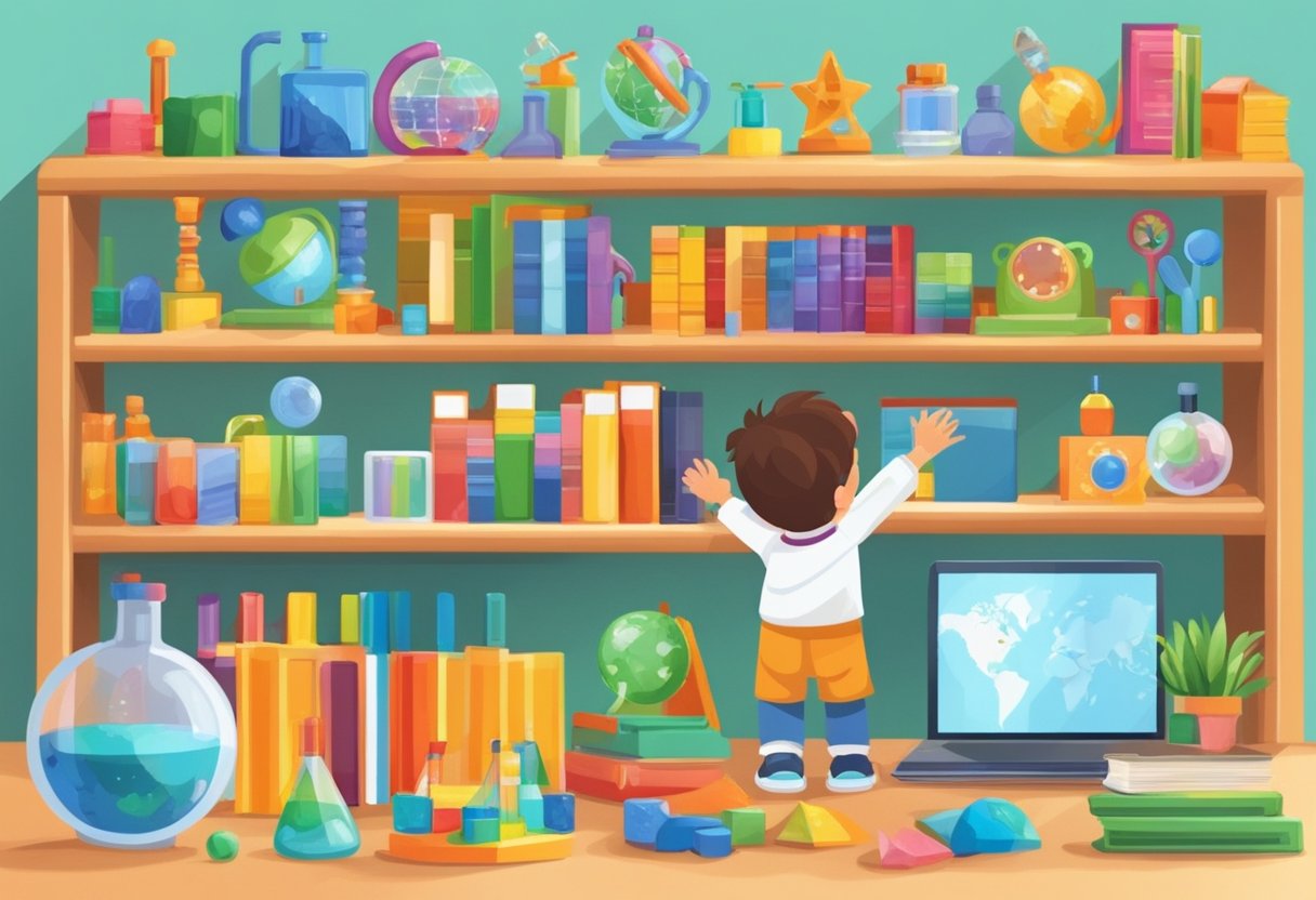 A child's hand reaches for a colorful science kit on a shelf, surrounded by various educational toys and books