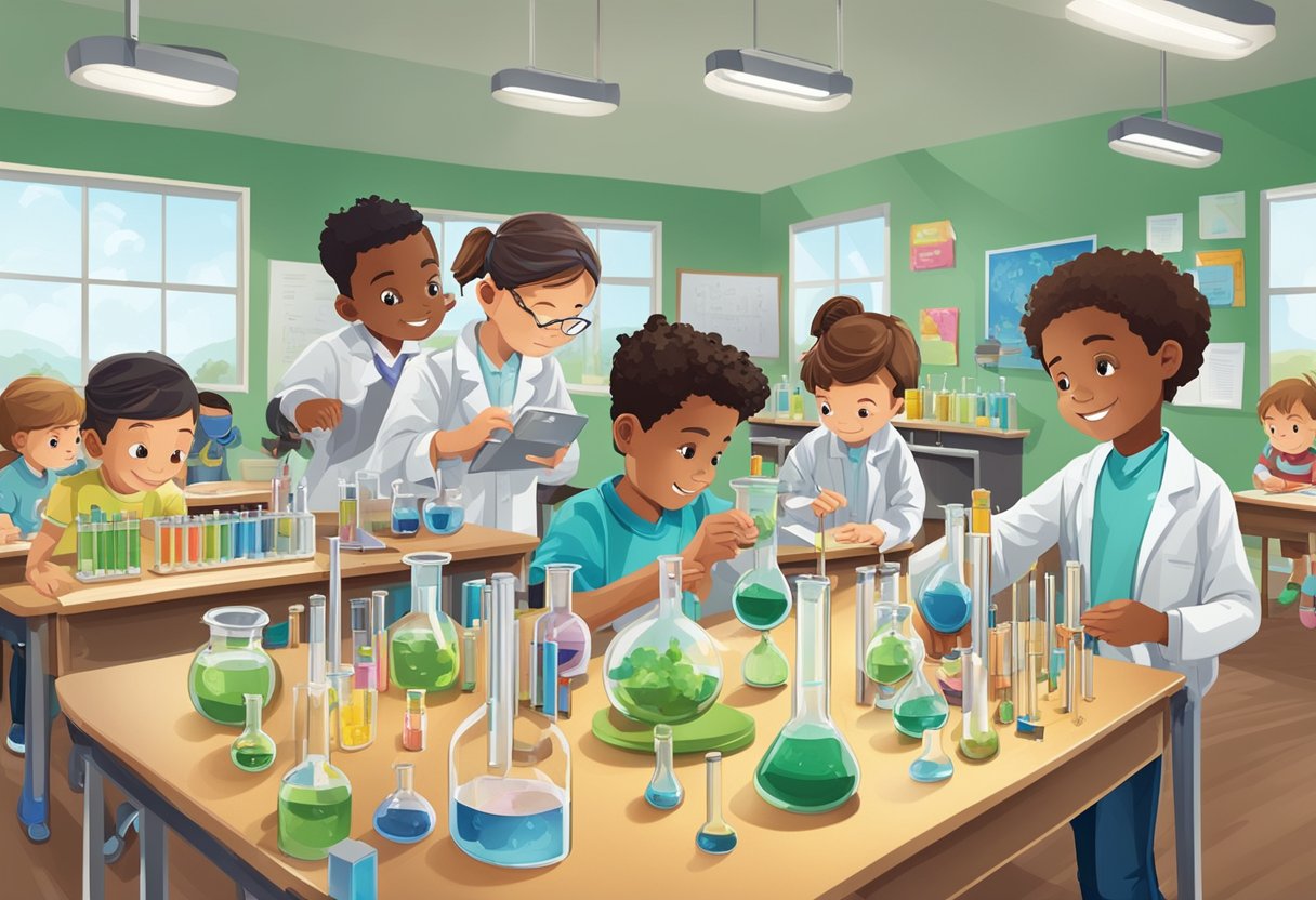 A classroom table displays science kits with beakers, test tubes, and microscopes. A group of kids eagerly examines the kits, conducting experiments and learning about science