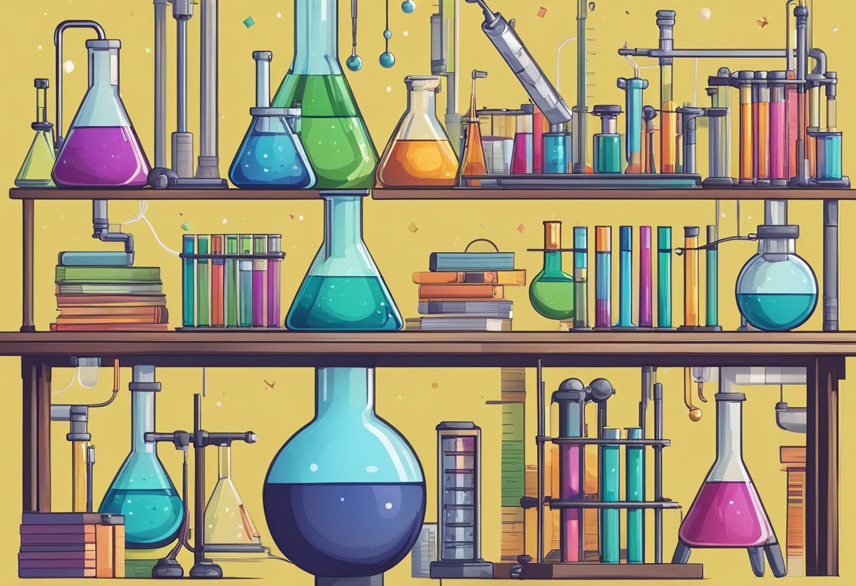 A table with a variety of colorful test tubes, beakers, and lab equipment, surrounded by educational posters and books on science