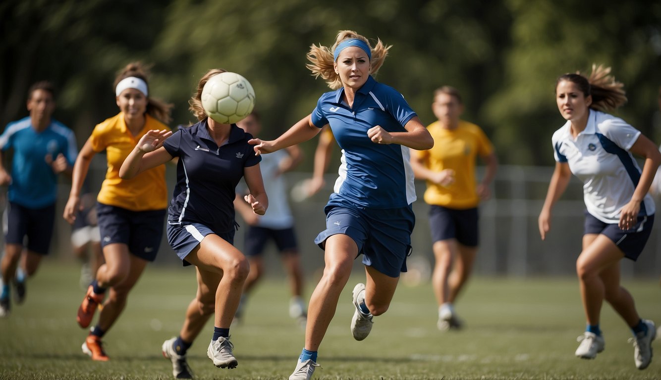 People doing sports: running, jumping, and throwing. Others playing sports: kicking a ball, hitting a puck, or swinging a racket