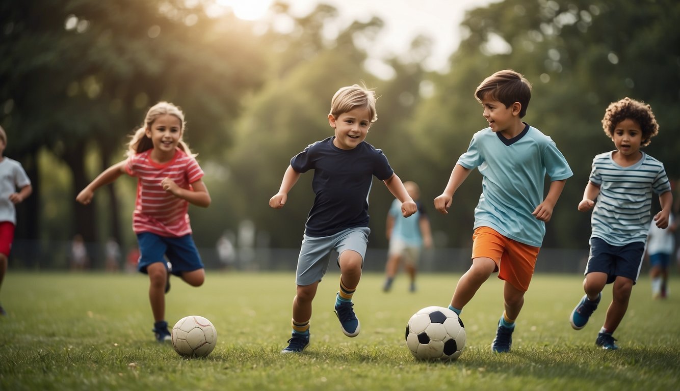 Children play various sports in a park, kicking a soccer ball, throwing a frisbee, and swinging a baseball bat