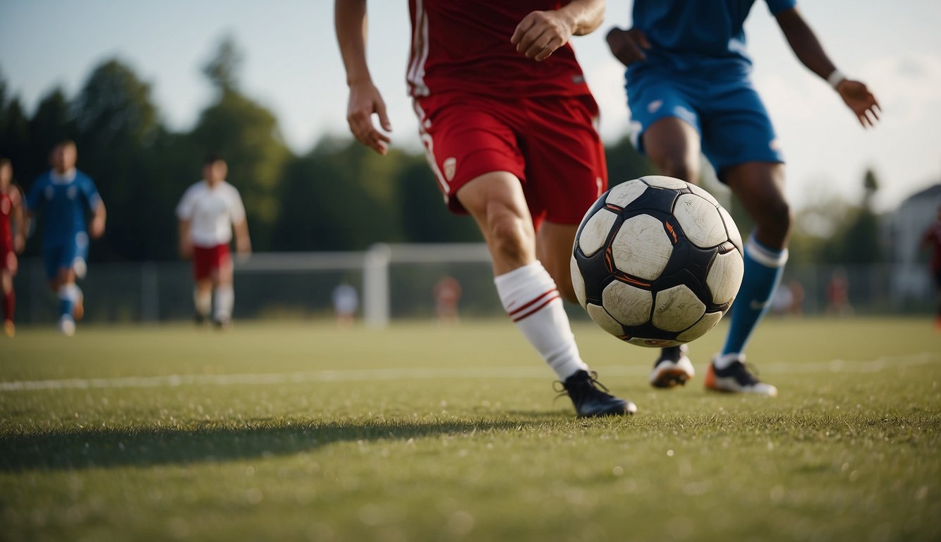 A soccer player kicks a ball on a field, while a basketball player dribbles on a court