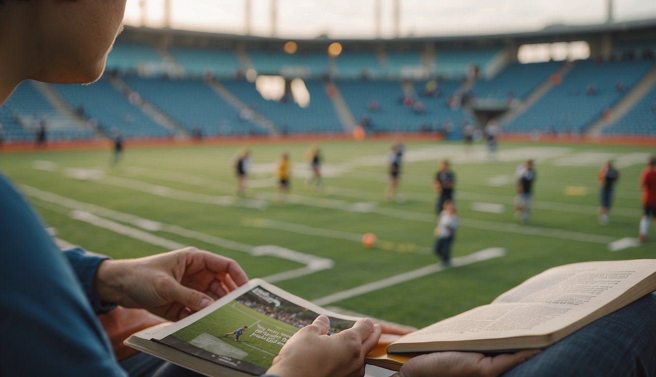 A person holding a book titled "Beyond the Basics: Expanding Your Vocabulary" with a sports field in the background. The person is deciding between "do sports" and "play sports" while looking at the book