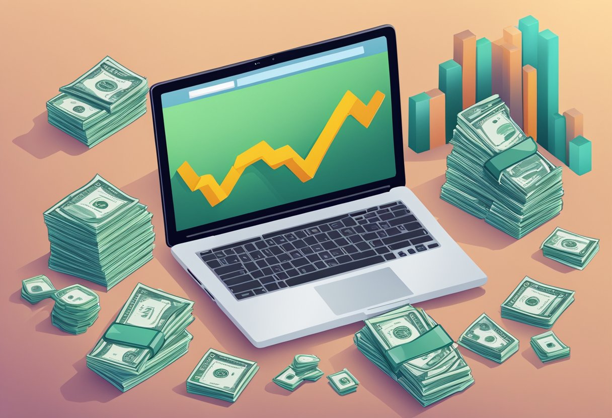 A laptop surrounded by stacks of money and a chart showing increasing profits