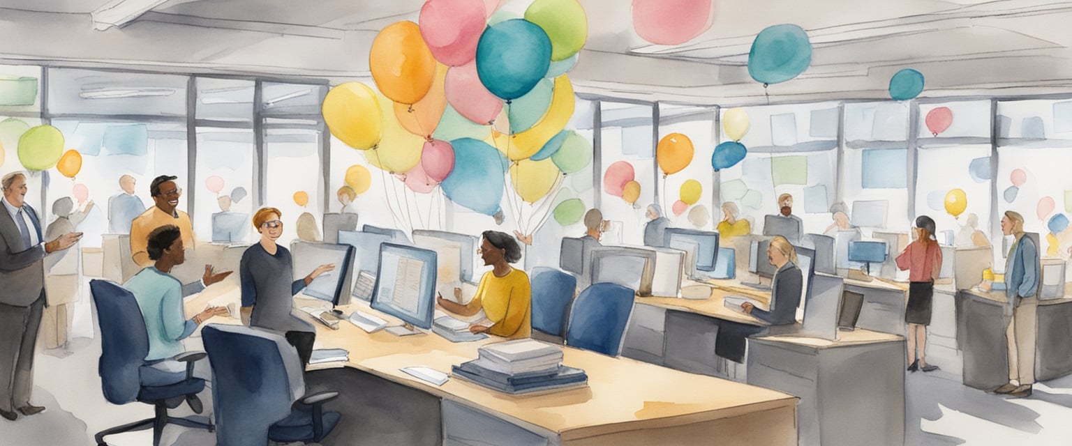 A bustling office with celebratory balloons and a banner reading "Trippie Update After Shark Tank." Smiling employees high-five and exchange excited chatter