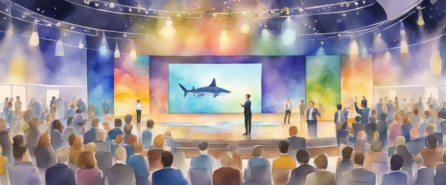 The Dreampad product is displayed on a brightly lit stage, surrounded by excited investors and a large "Shark Tank" logo in the background