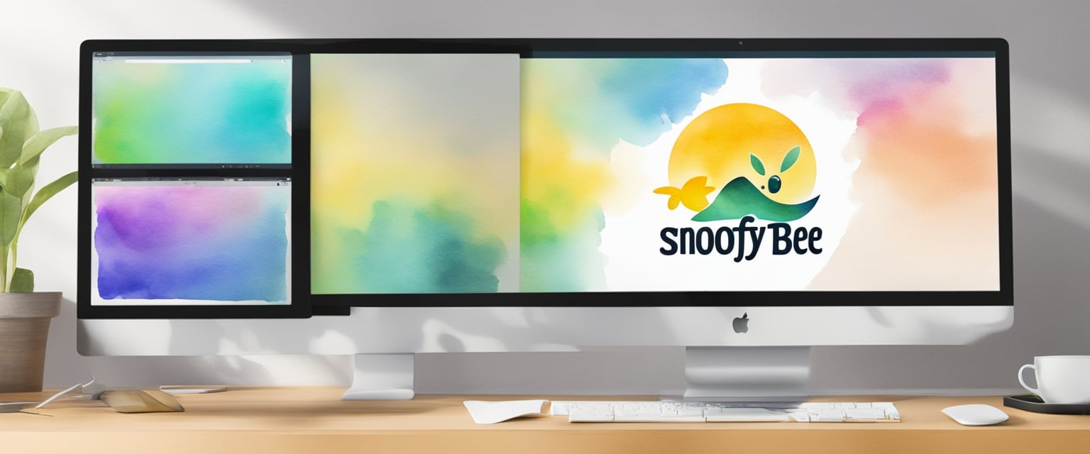 A colorful logo of SnoofyBee displayed on a computer screen with a "Shark Tank" logo in the background