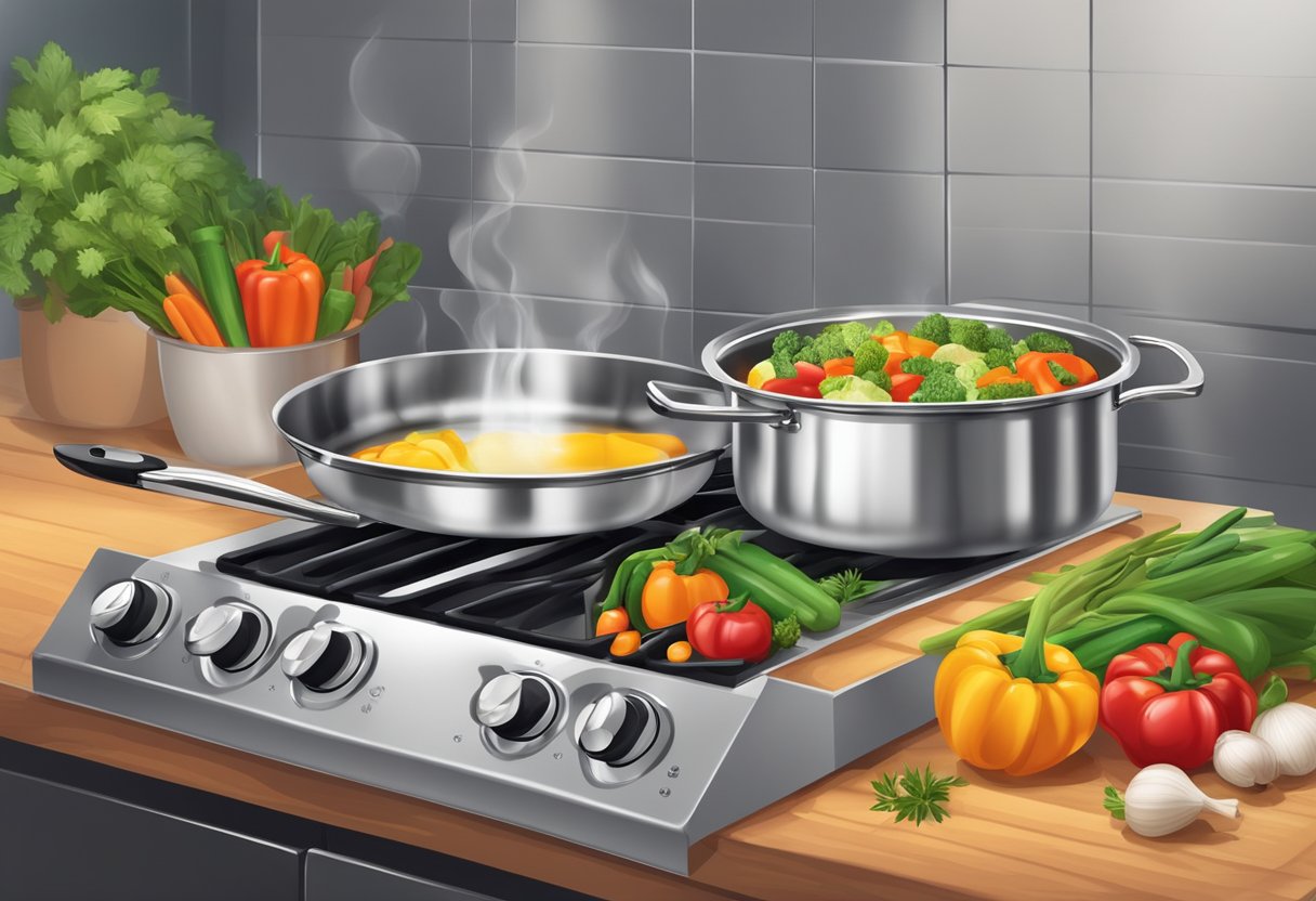 A kitchen scene with eco-friendly cookware: a sleek stainless steel pot simmering on a gas stove, surrounded by colorful vegetables and herbs on a wooden cutting board