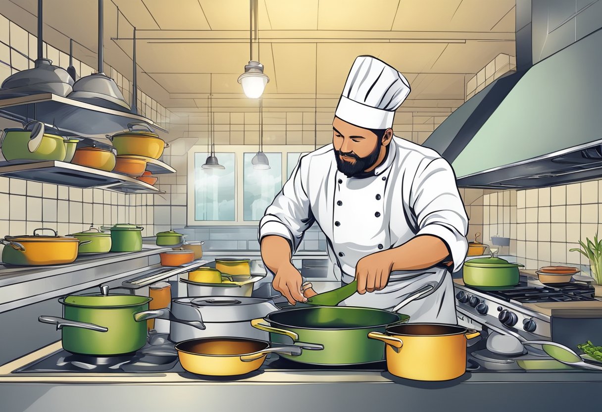 A chef cooks with eco-friendly cookware, maintaining and performing with precision