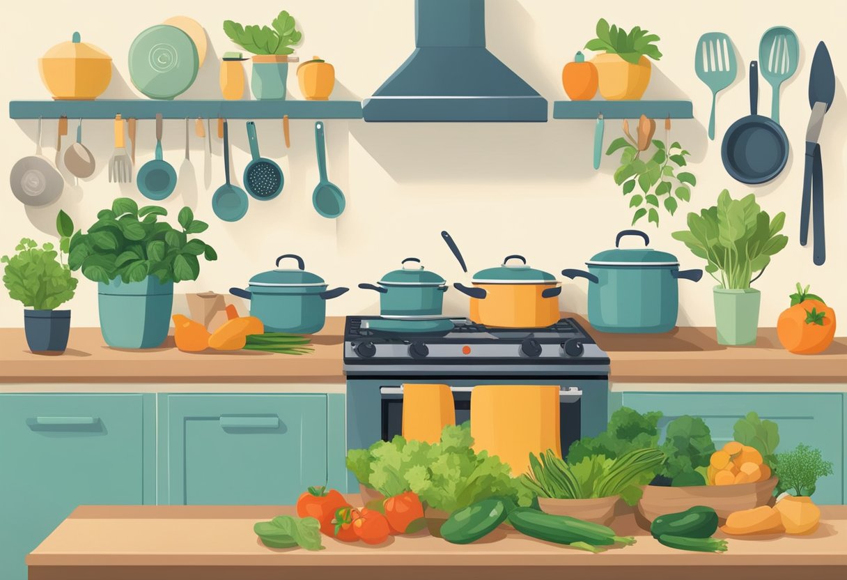 A kitchen scene with eco-friendly cookware, surrounded by fresh produce and plants. The cookware is made from sustainable materials and emits a sense of health and environmental consciousness