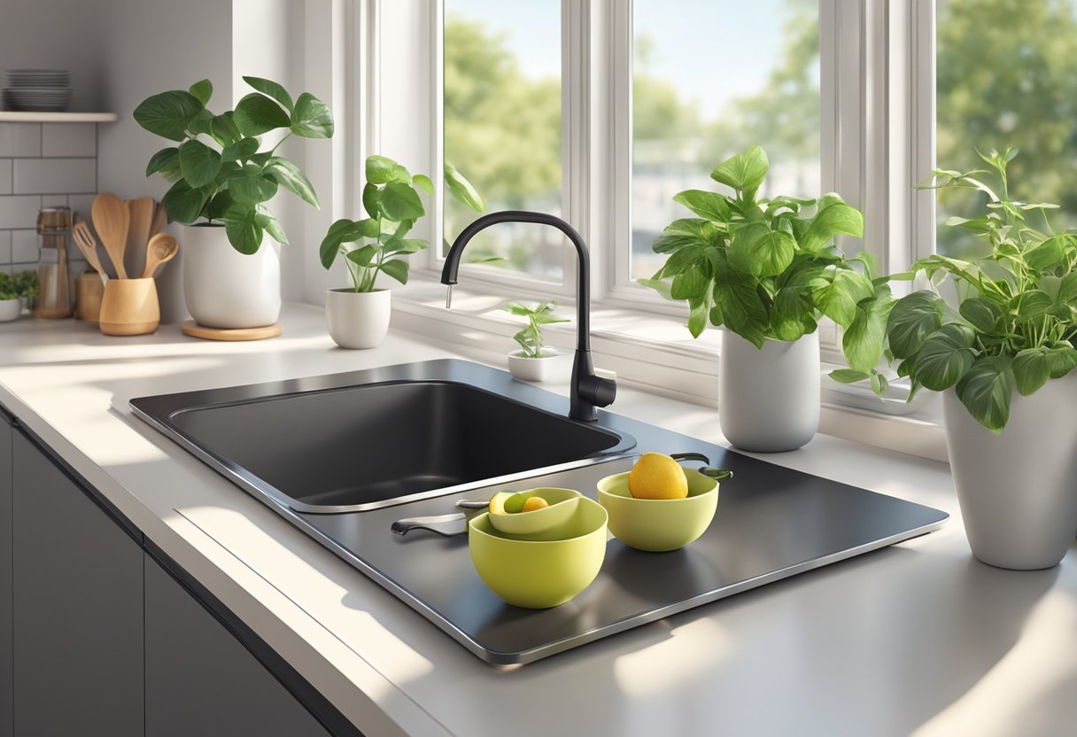 A modern kitchen with eco-friendly cookware displayed on a sleek countertop, surrounded by green potted plants and natural light streaming in from a window