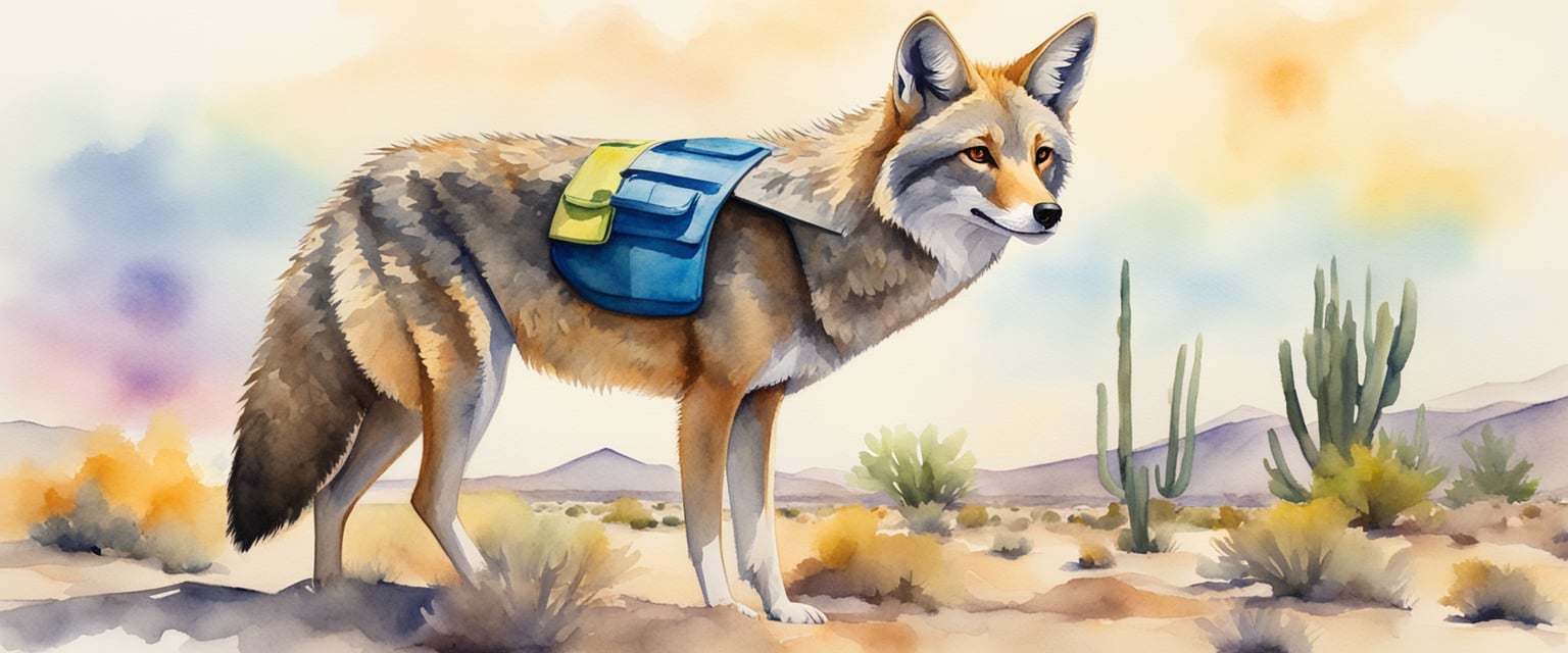 A coyote wearing a protective vest with spikes and bright colors, standing confidently in a desert landscape