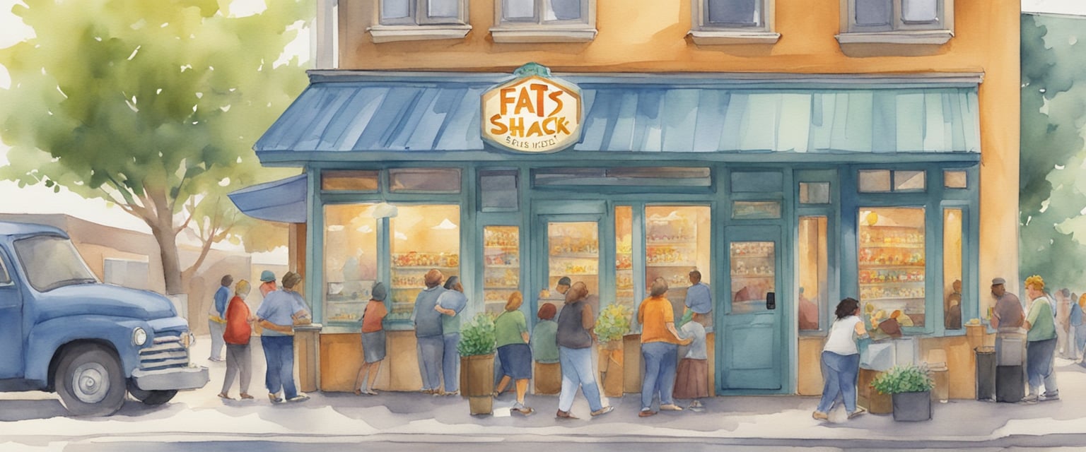 The Fat Shack logo shines bright on a bustling storefront, with a line of hungry customers wrapping around the corner. Delivery drivers come and go, bringing the famous indulgent eats to eager patrons