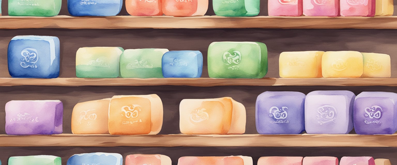 A display of colorful soap bars lined up on a wooden shelf, with a "You Smell Soaps" logo prominently displayed above them