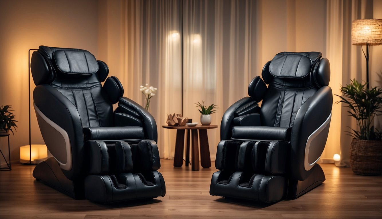 Two massage chairs facing each other in a dimly lit room, with soft ambient music playing in the background