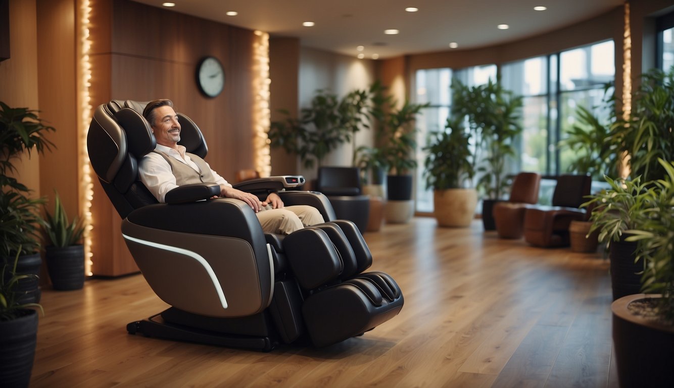 A person sitting in a massage chair, surrounded by a variety of options and features, with a helpful salesperson providing information and assistance