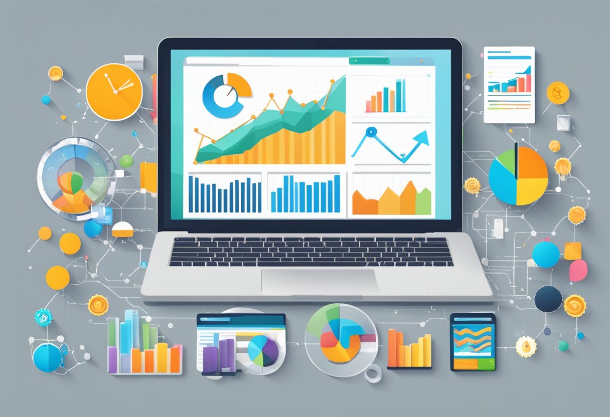 A laptop displaying a graph of increasing profits, surrounded by various online marketing tools and strategies