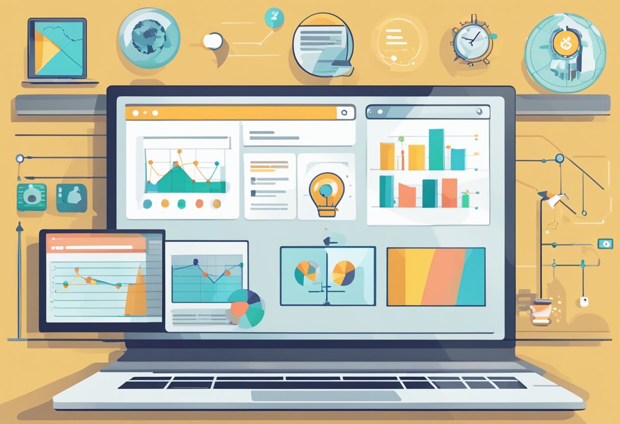 A computer screen displaying "Premium Content Strategies 3: Advanced Online Monetization Strategies You Should Know" with various monetization icons and graphs