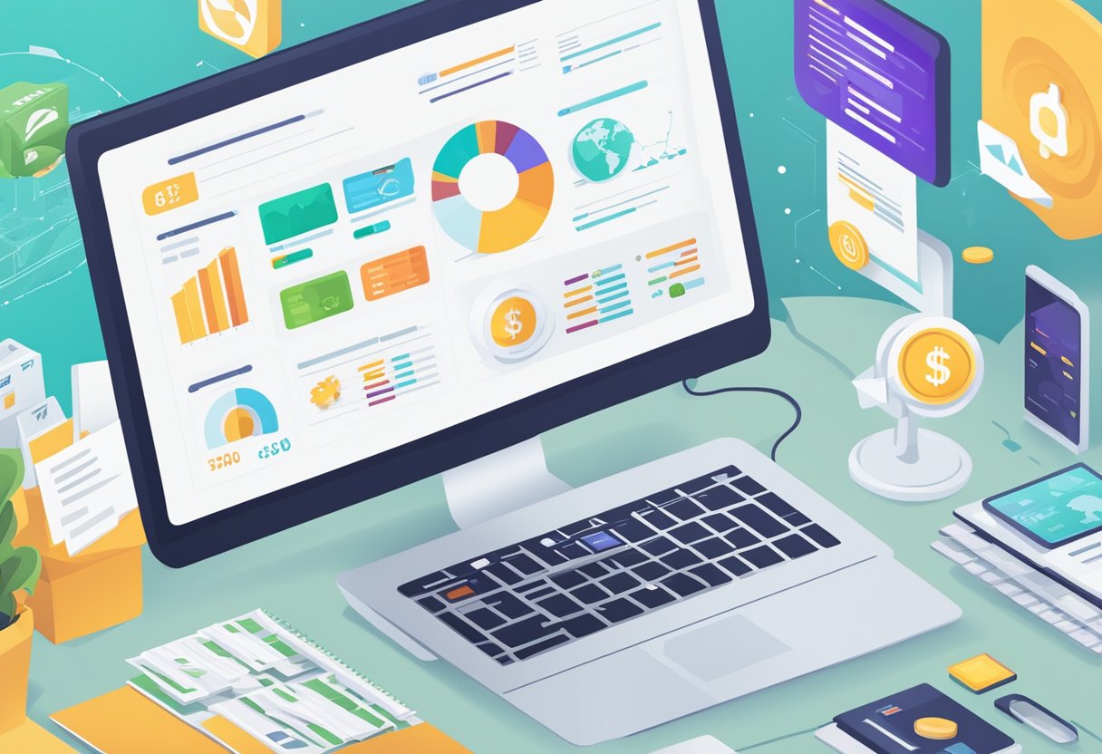 A computer screen displaying advanced online monetization strategies. Icons of various payment methods and graphs showing revenue growth