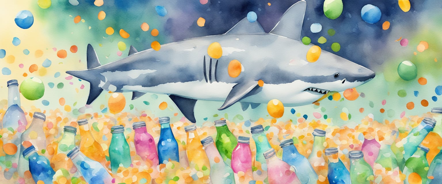 A celebratory scene with Luma Soda bottles surrounded by confetti and a "Shark Tank" logo in the background