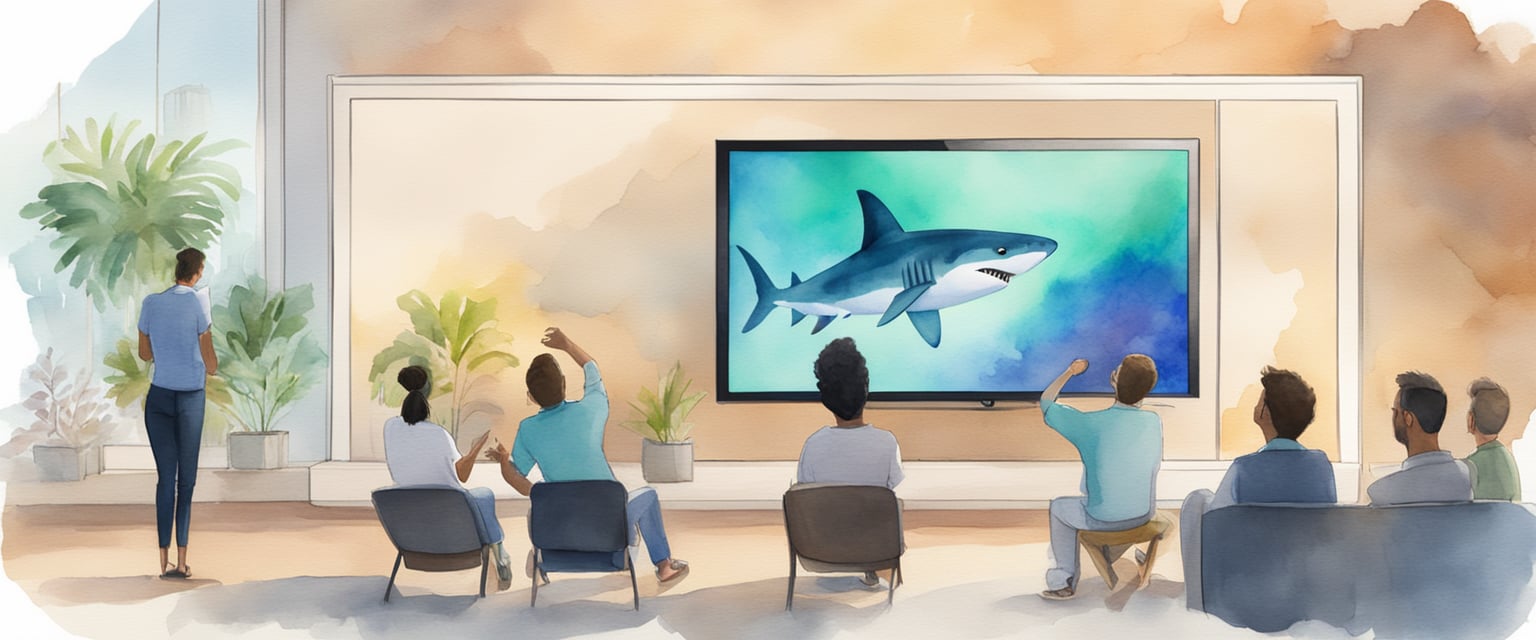 Hydroviv logo featured on a TV screen with "Update After Shark Tank" displayed underneath, surrounded by excited onlookers