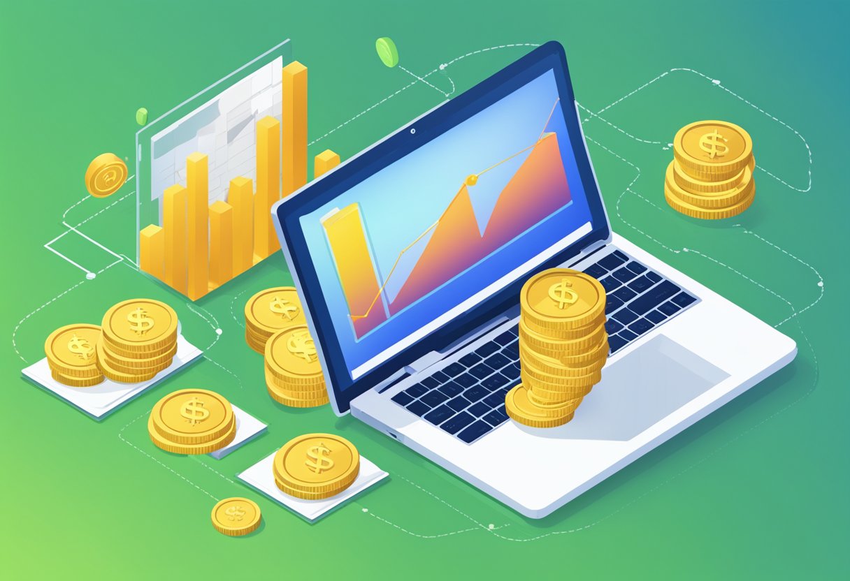 A laptop displaying "Content Monetization Strategies Complete Guide" with a graph showing increasing earnings. A stack of money and a digital payment icon are next to it