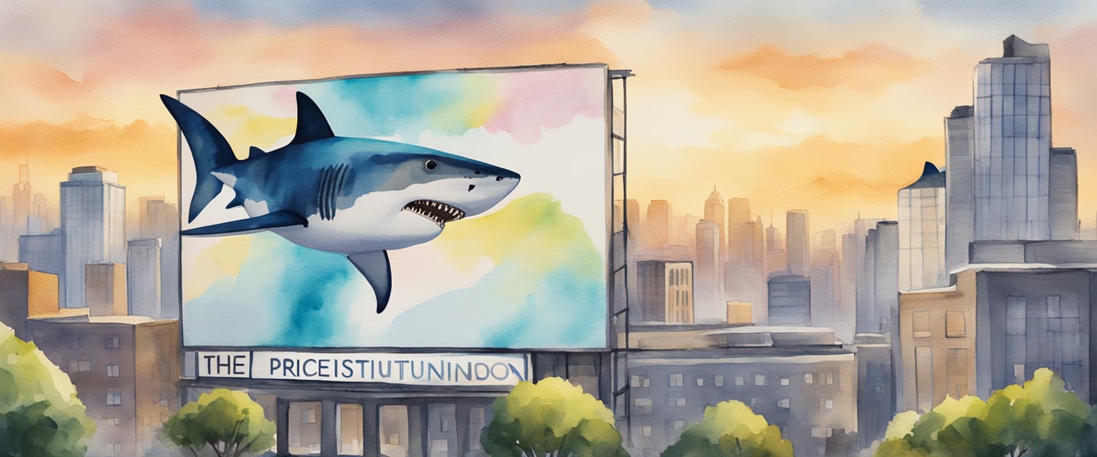 The Pricetitution logo shines on a billboard against a bustling city backdrop, with a "Shark Tank Success" banner waving in the wind