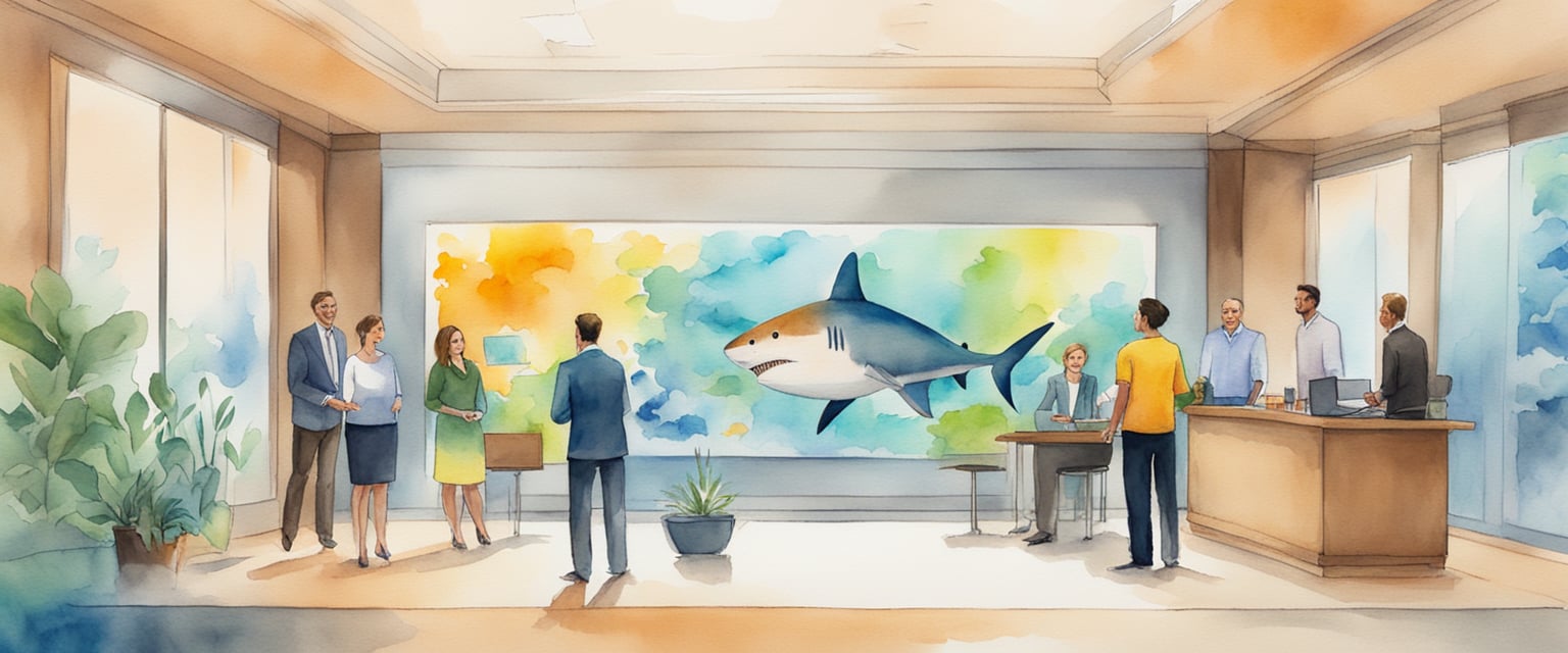 Colorful "Shark Tank" set with excited entrepreneurs and investors, showcasing GoodHangups product