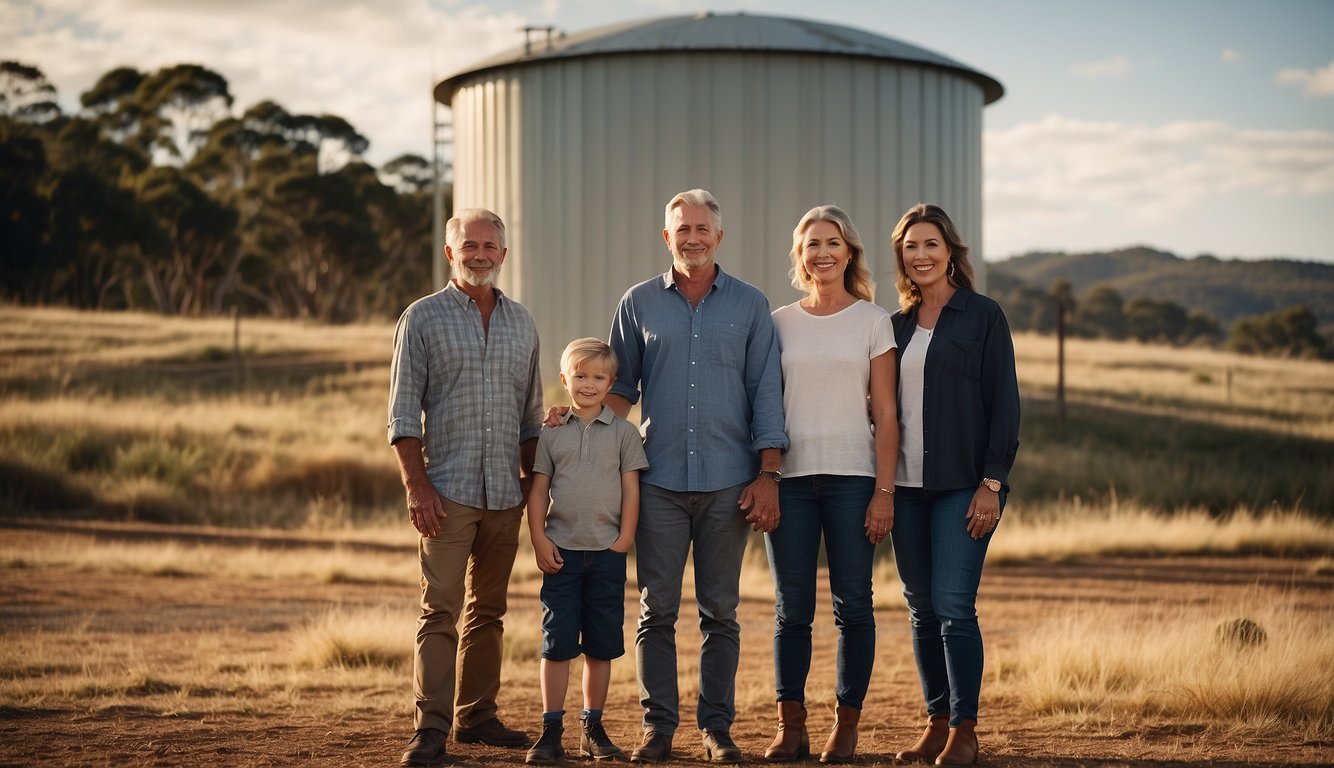 A family stands in front of a slimline water tank, comparing sizes and capacities. The Australian landscape is visible in the background