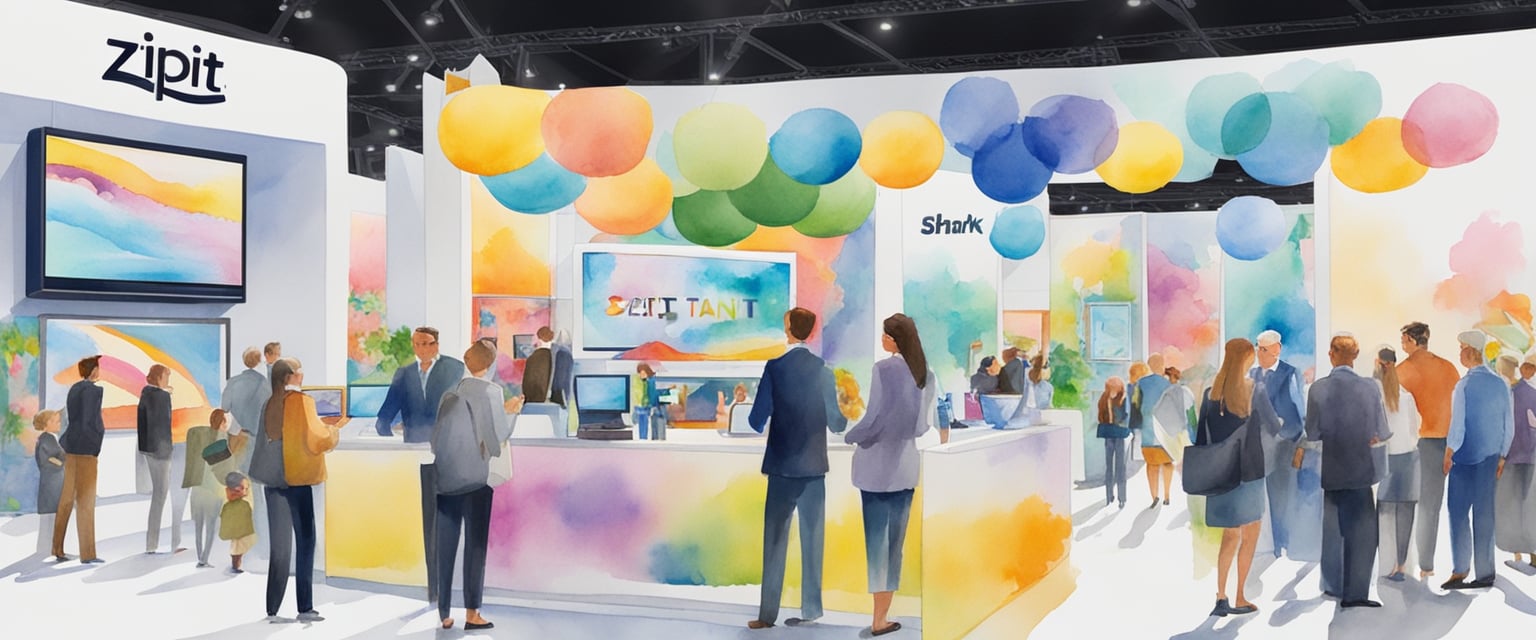 A colorful booth at a trade show with a large "Zipit" sign, surrounded by excited customers and investors. Displays of the product and a TV screen showing the Shark Tank episode