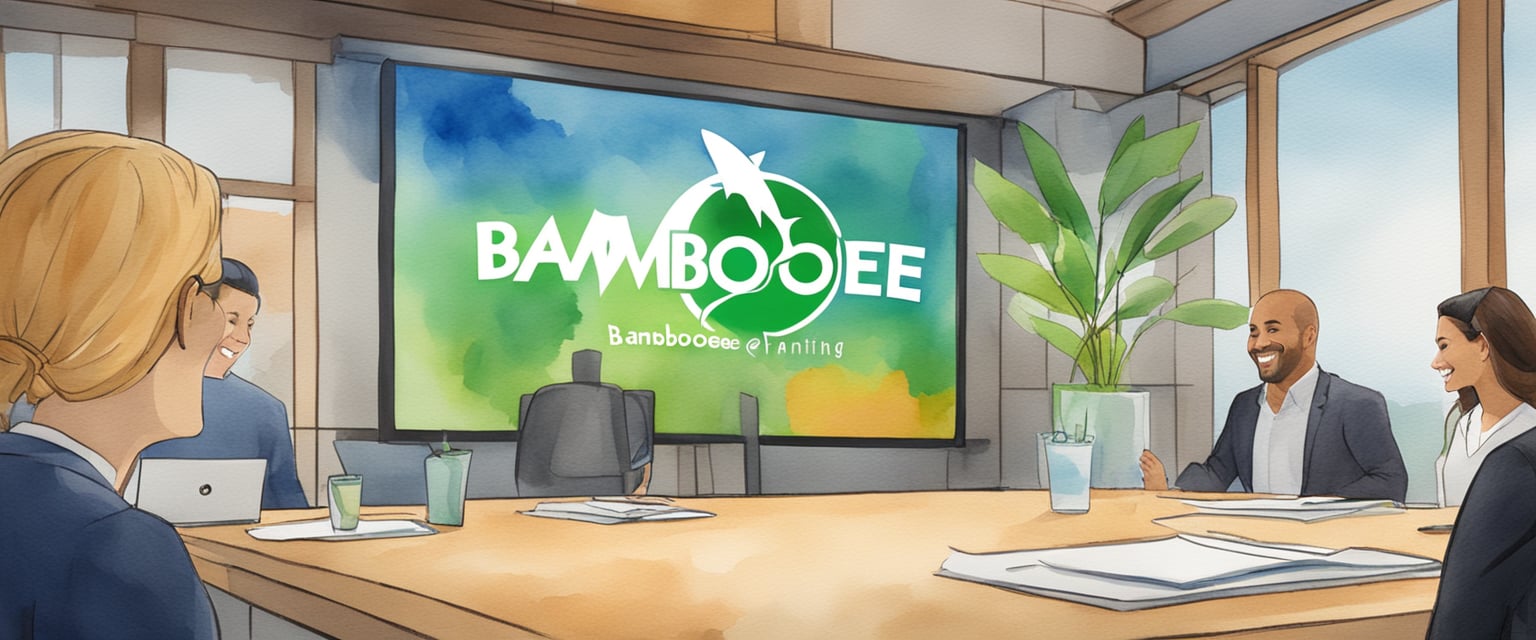 Bambooee logo featured on TV screen with Shark Tank logo in background. Smiling entrepreneurs celebrate successful pitch