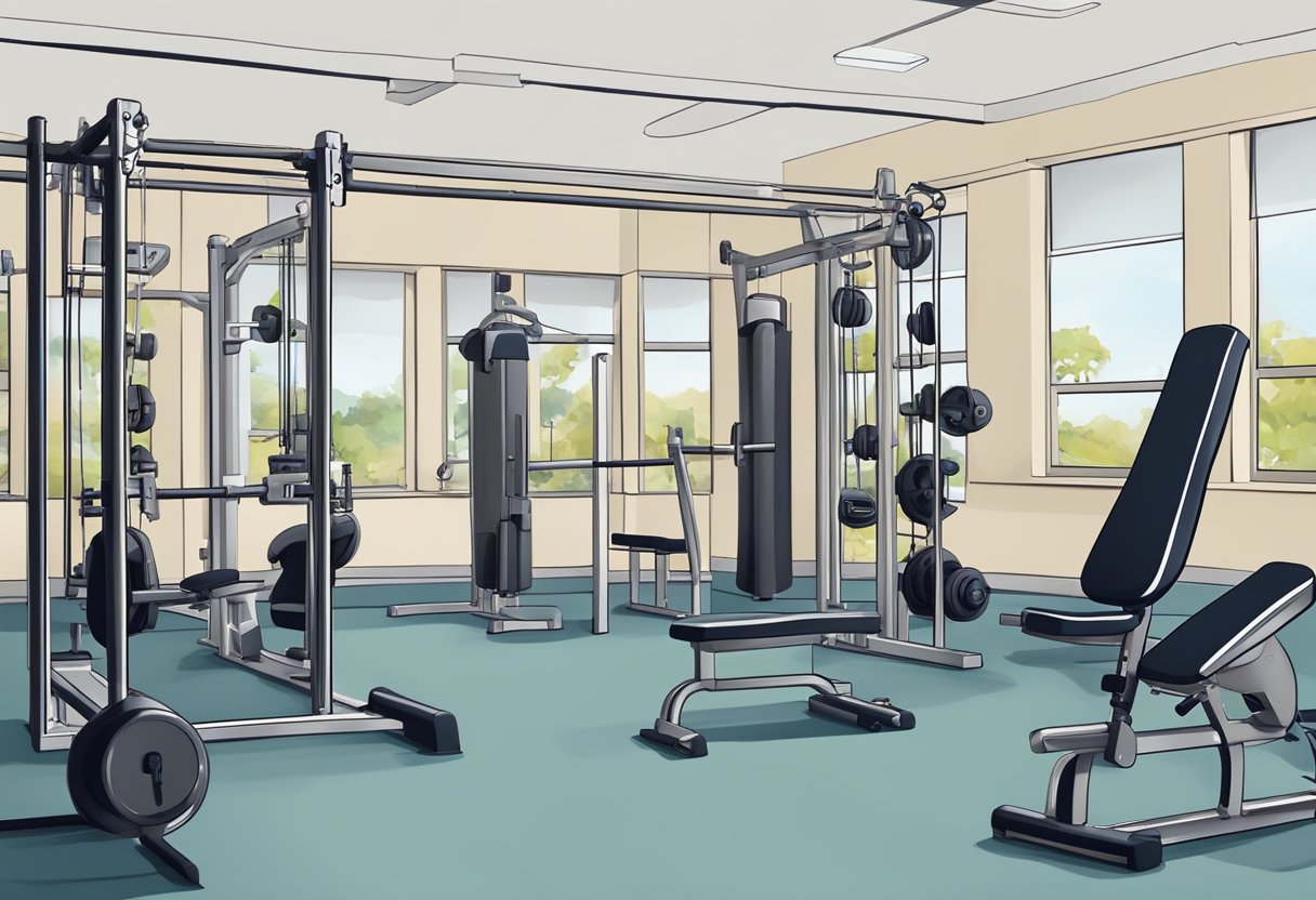 A gym scene with weights, exercise machines, and a stopwatch showing 3 months progress. No human subjects or body parts