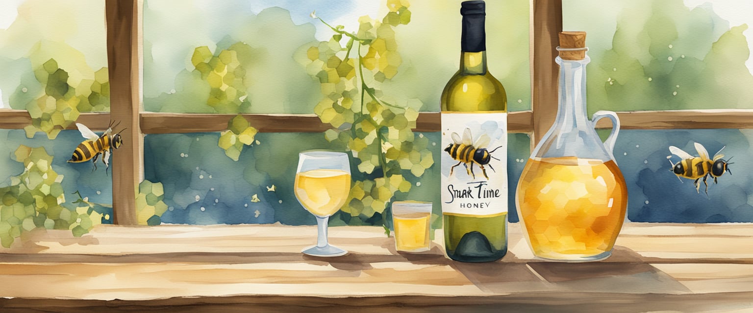 A bottle of Bee D'Vine Honey Wine stands on a rustic wooden table, surrounded by honeycombs and buzzing bees. The label proudly displays the "Shark Tank" logo