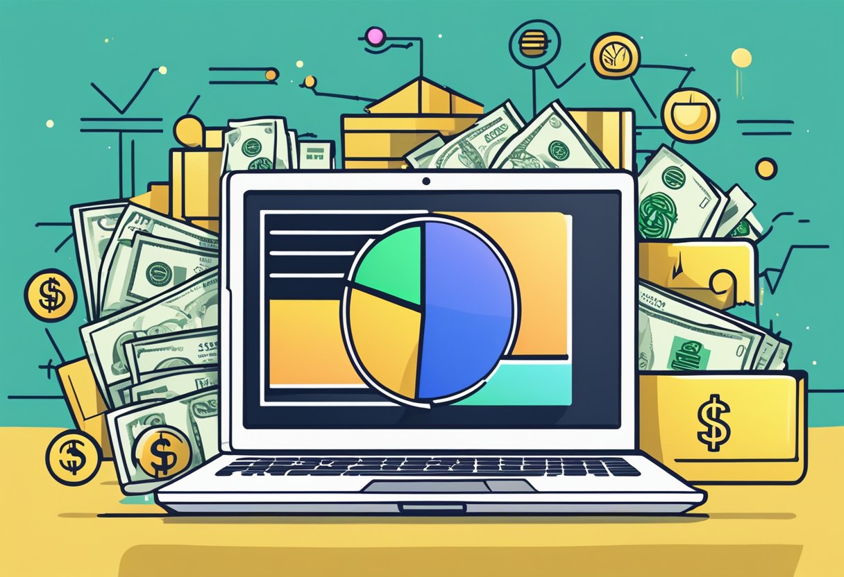 A laptop displaying "Fundamentos da Monetização na Internet Segredos Revelados" with charts and graphs, surrounded by stacks of money and a glowing dollar sign