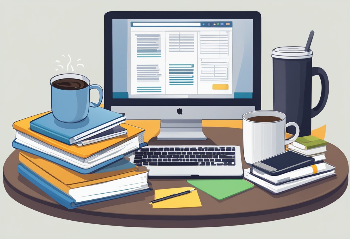 A cluttered desk with a computer, notepad, and coffee mug. A stack of books with titles related to internet marketing. A chart showing increasing profits