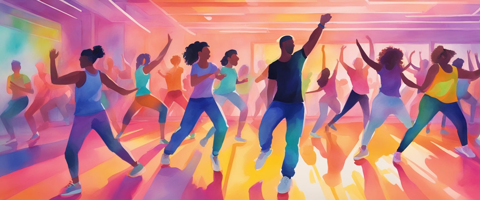 A group of people are energetically dancing to upbeat music in a vibrant, neon-lit studio. The room is filled with excitement and movement as they follow the instructor's lead in a high-energy JiggAerobics dance workout