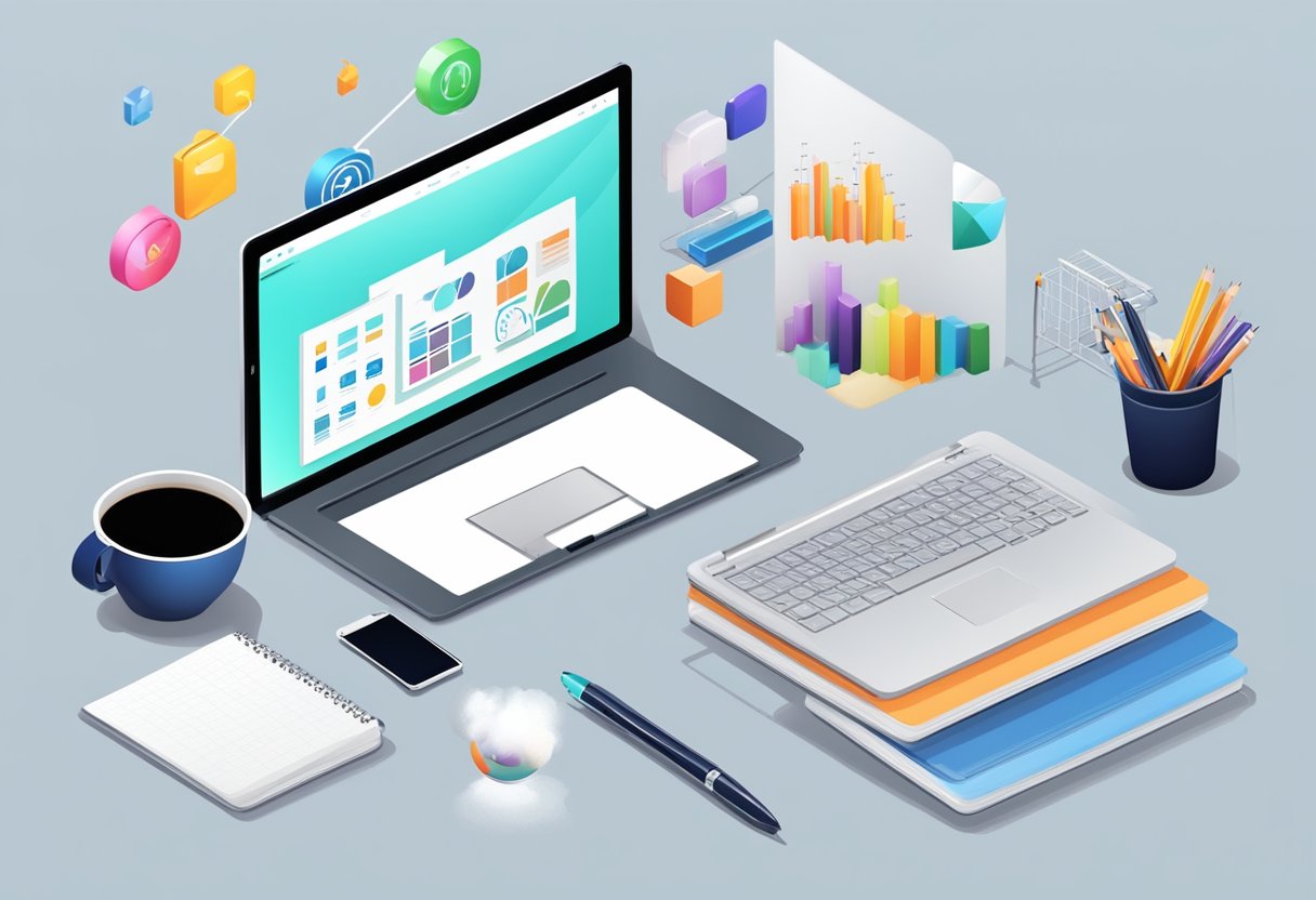 A desk with a laptop, notebook, and pen. A chart showing growth. A logo and branding materials. Online store and social media icons